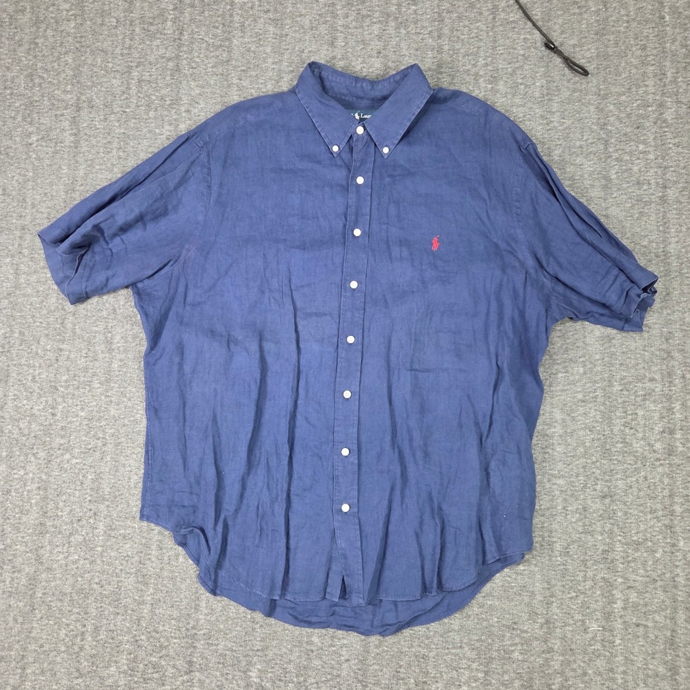 Ralph Lauren Linen Big Shirt Men 2XB Blue Short Sleeve Button Down Classic Fit